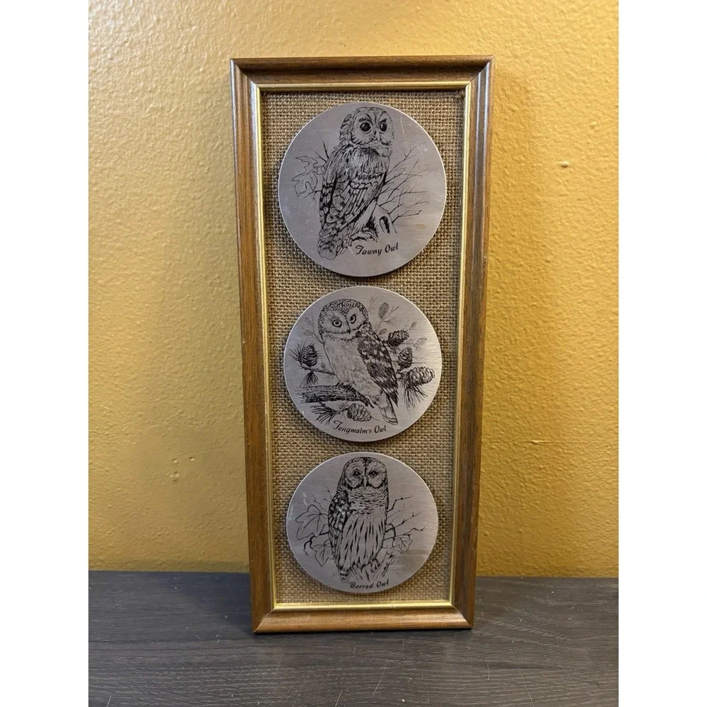 Vintage English Stainless Steel Decorative Owl Art Framed Industrial Retro